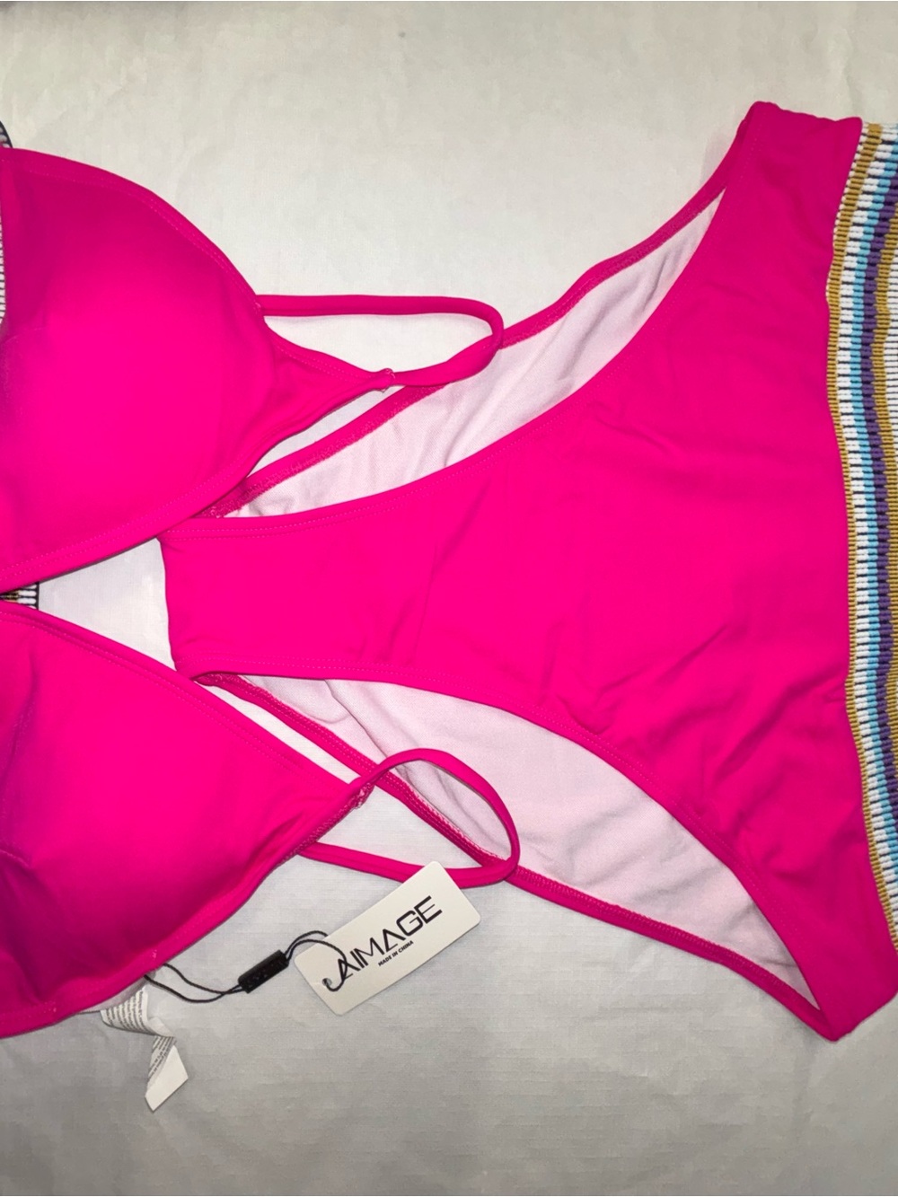 Image Women Swim Bright Pink Bikini with Multicolor Trim